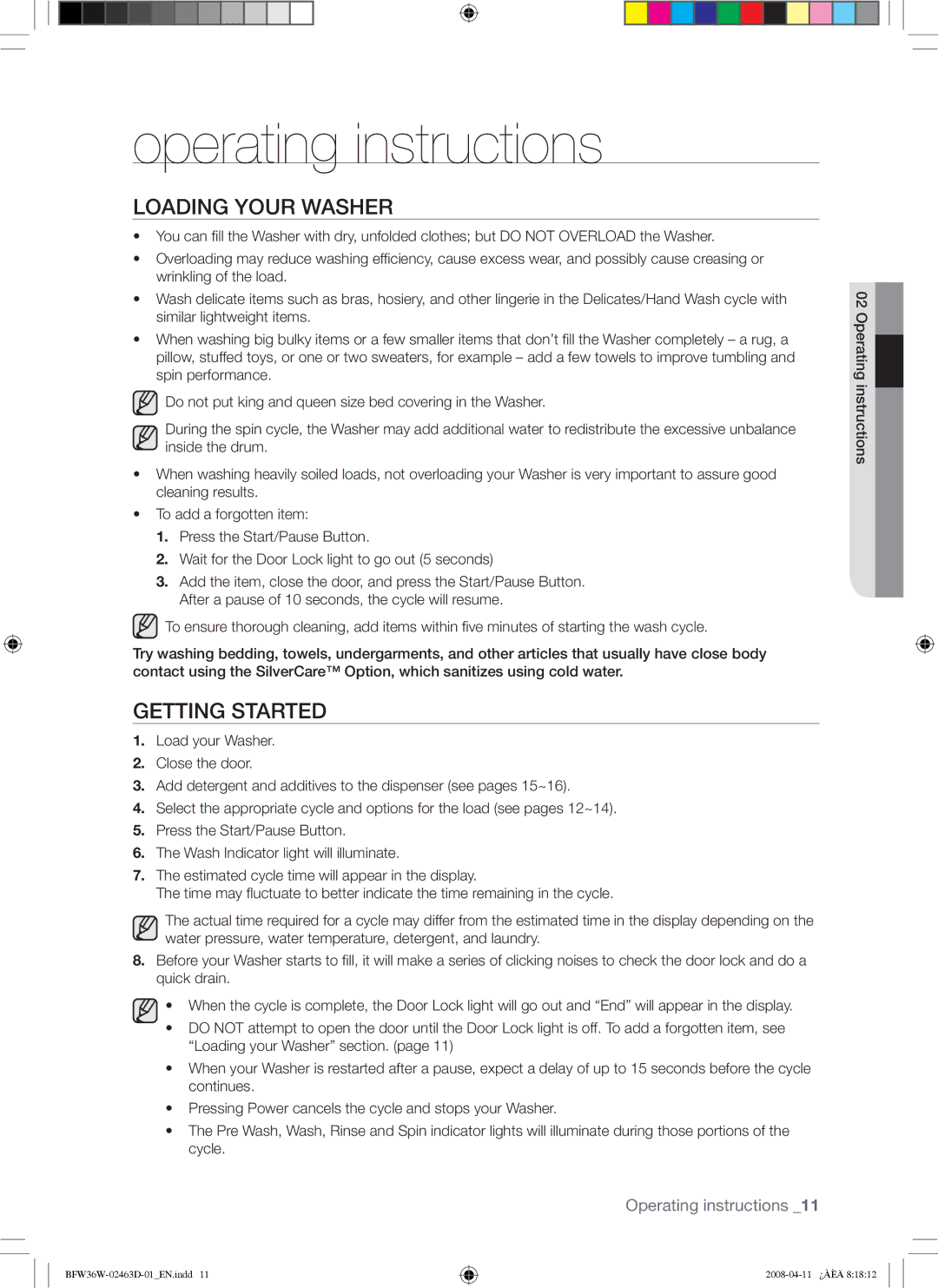 Samsung BFW36W user manual Operating instructions, Loading Your Washer, Getting Started 