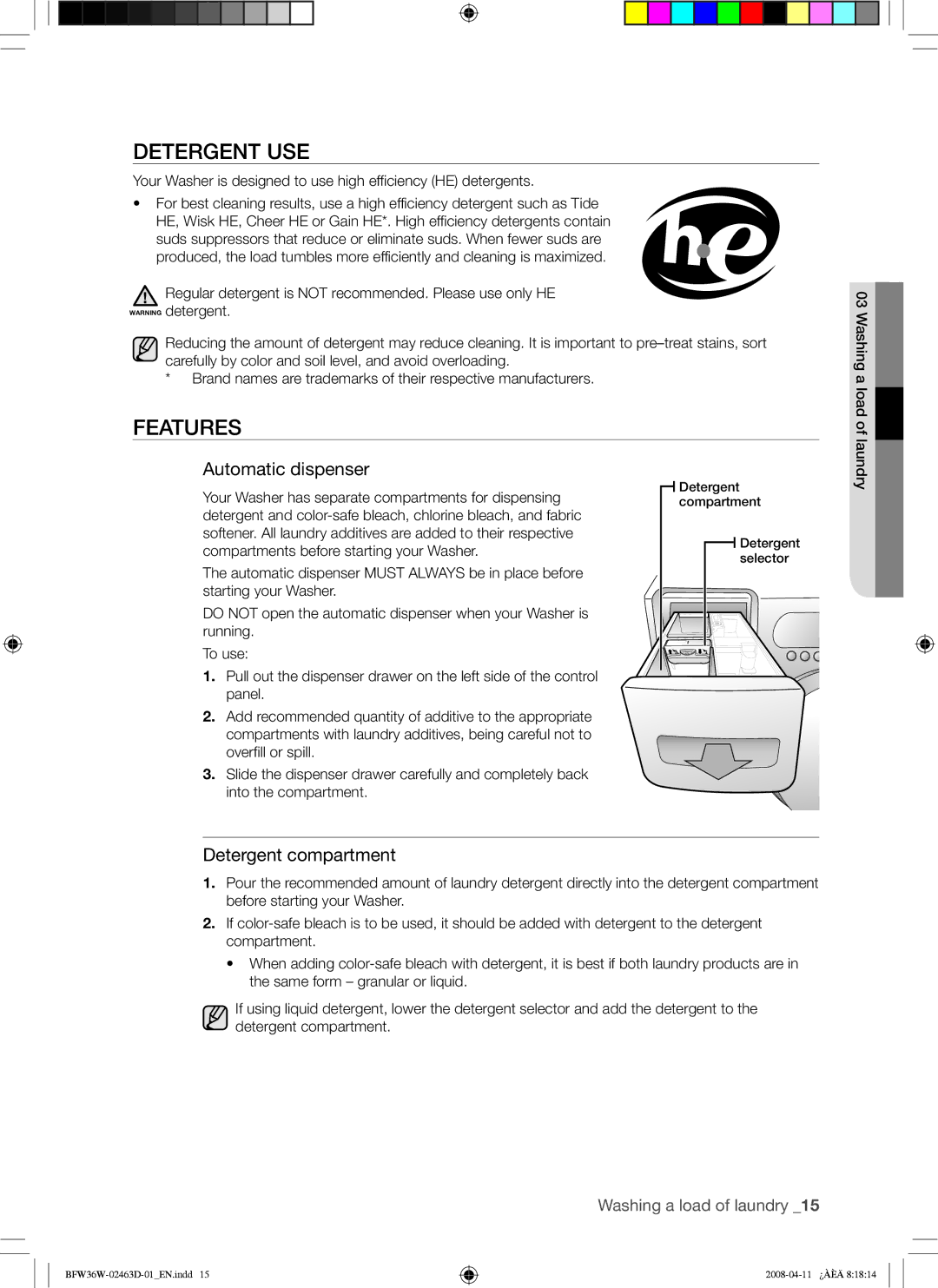 Samsung BFW36W user manual Detergent USE, Features, Laundry 