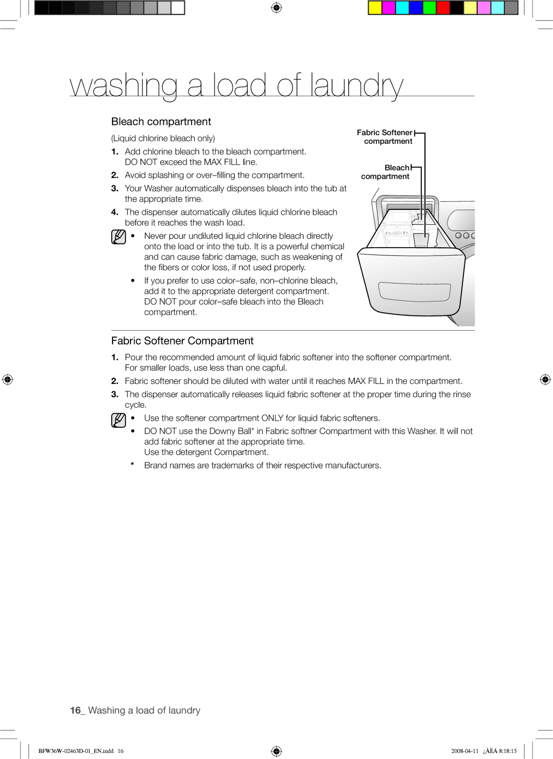 Samsung BFW36W user manual Liquid chlorine bleach only, Avoid splashing or over-filling the compartment 