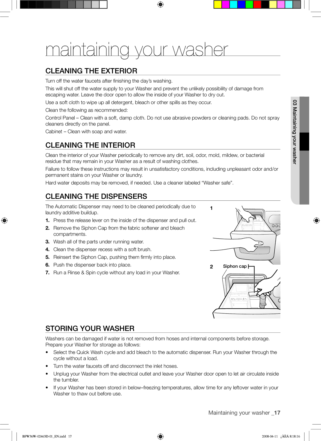 Samsung BFW36W user manual Maintaining your washer, Cleaning the Exterior, Cleaning the Interior, Cleaning the Dispensers 