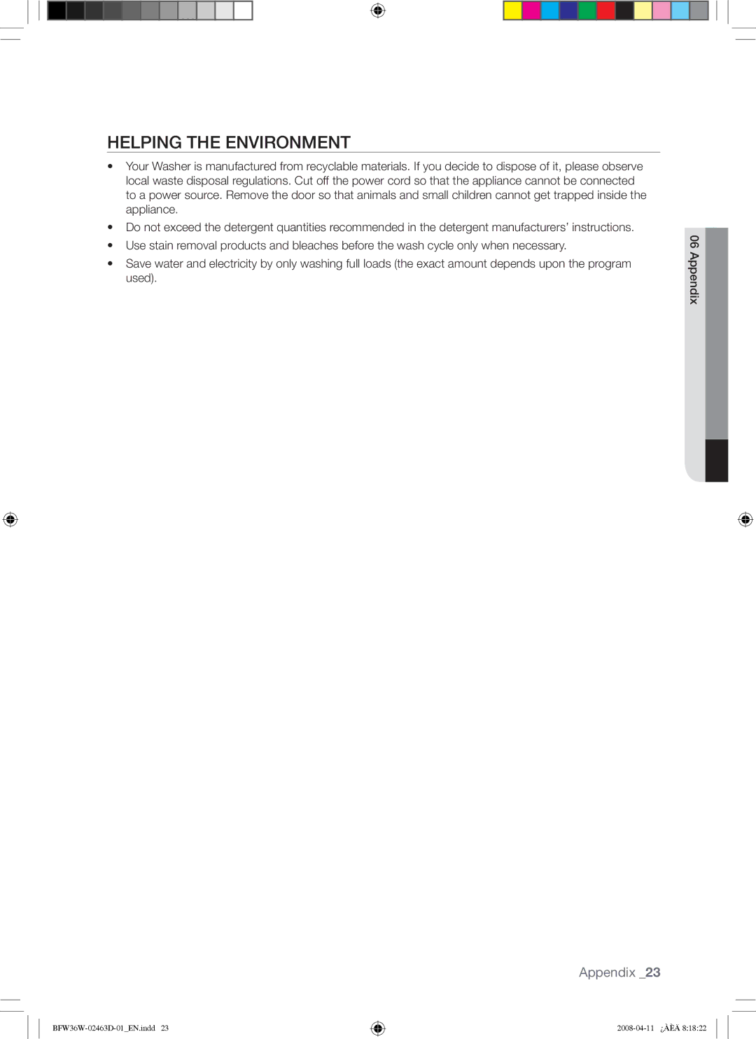 Samsung BFW36W user manual Helping the Environment, Appendix 