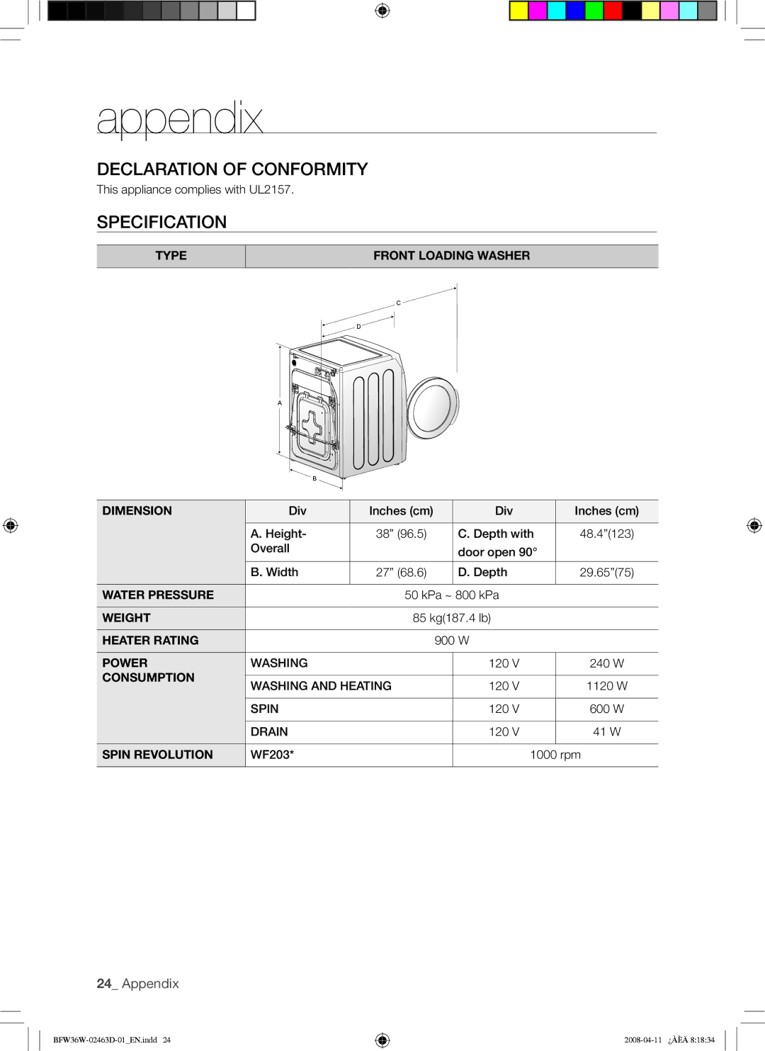 Samsung BFW36W user manual Declaration of Conformity, Specification 