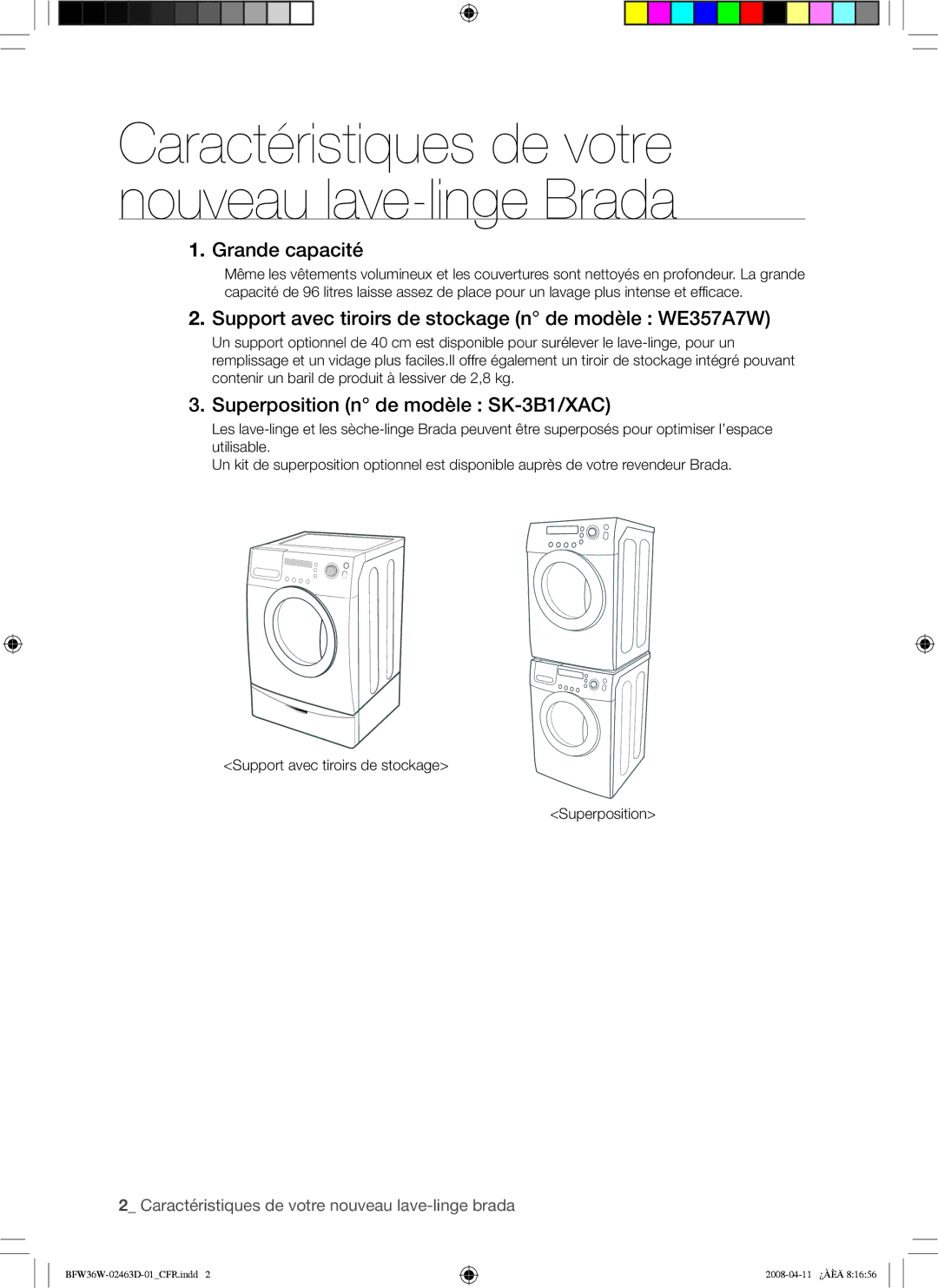 Samsung BFW36W user manual Grande capacité, Support avec tiroirs de stockage n de modèle WE357A7W 