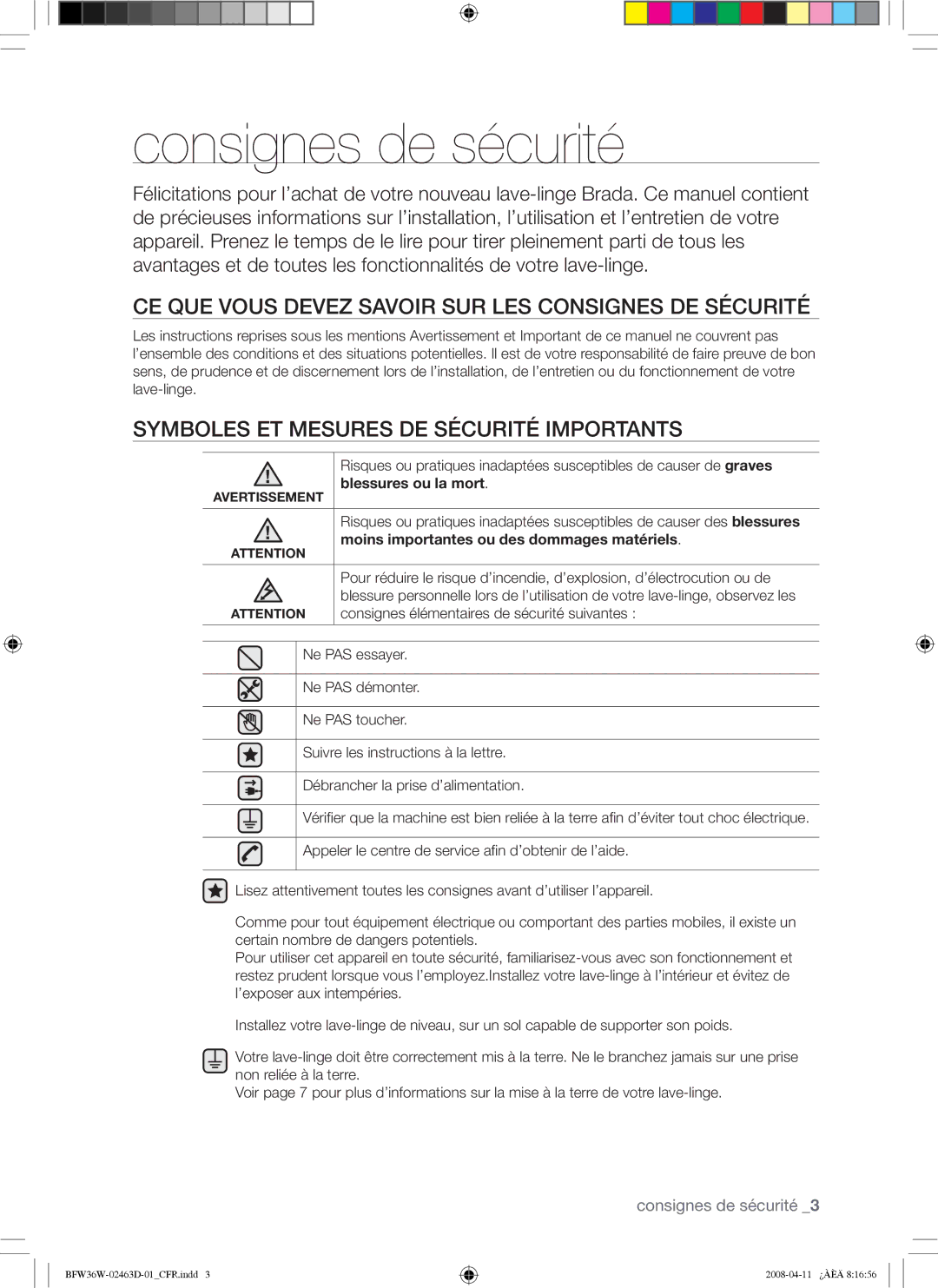 Samsung BFW36W user manual Consignes de sécurité, CE QUE Vous Devez Savoir SUR LES Consignes DE Sécurité 