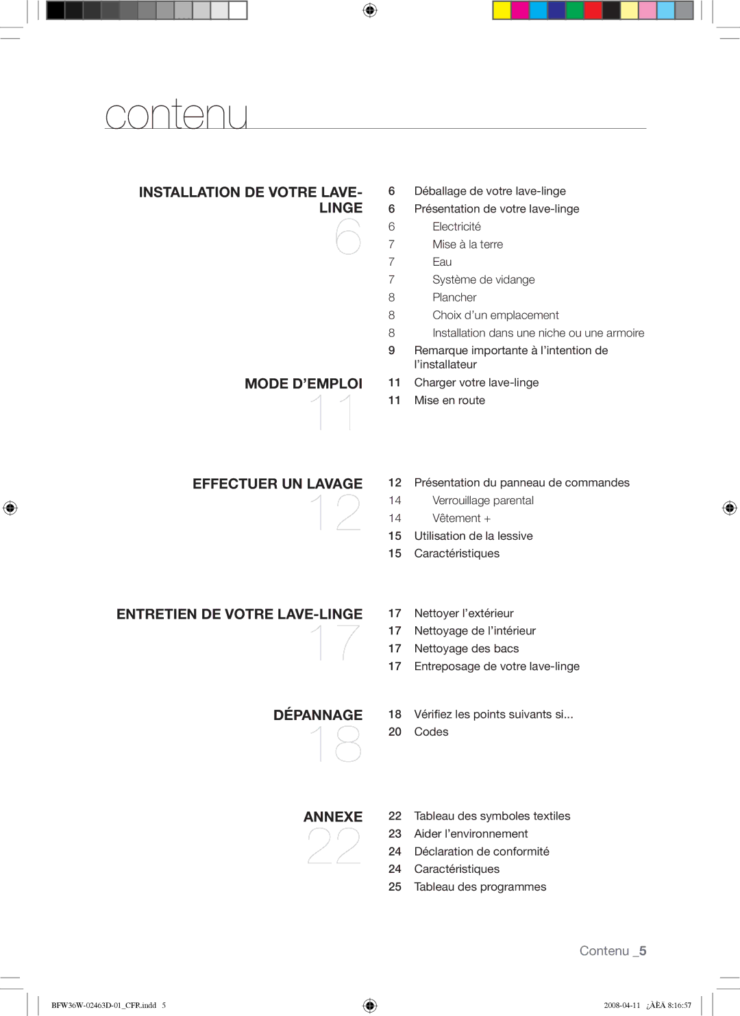 Samsung BFW36W user manual Contenu 