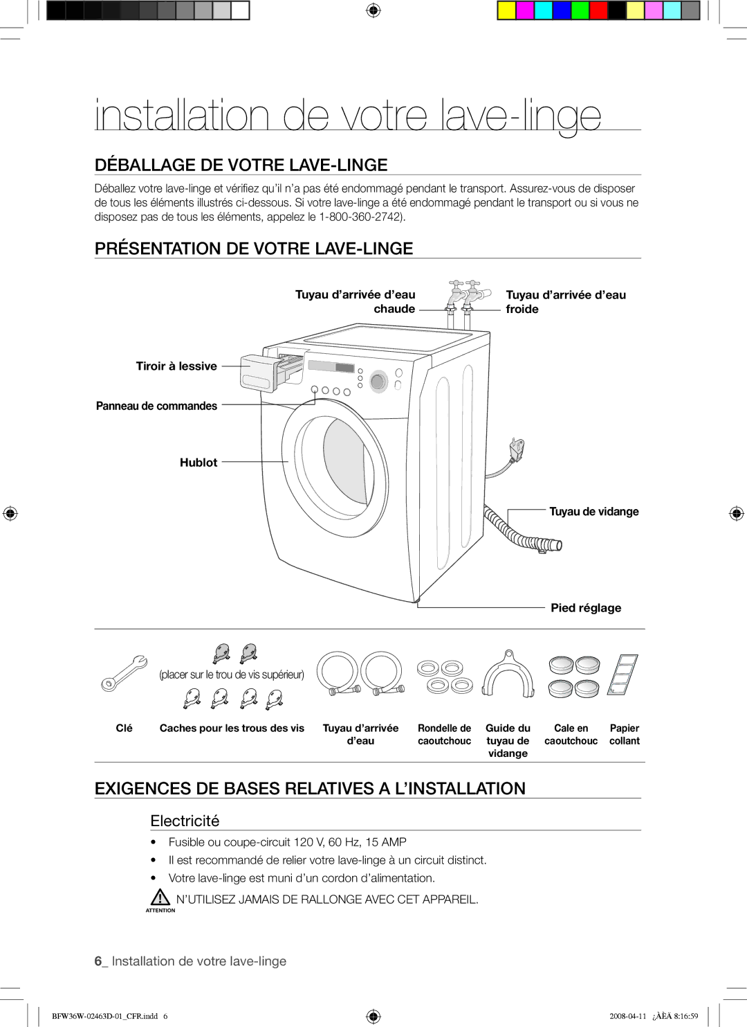 Samsung BFW36W Installation de votre lave-linge, Déballage DE Votre LAVE-LINGE, Présentation DE Votre LAVE-LINGE 