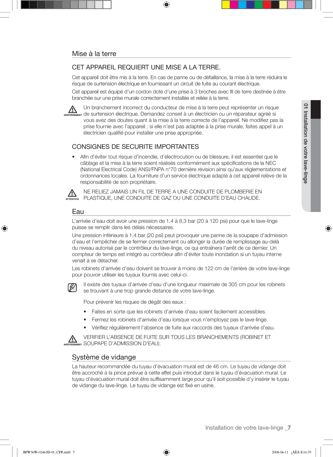 Samsung BFW36W user manual Mise à la terre, Eau, Système de vidange, Installation de votre lave-linge 