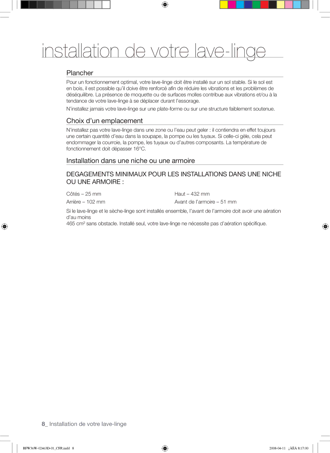 Samsung BFW36W user manual Plancher, Choix d’un emplacement, Installation dans une niche ou une armoire 