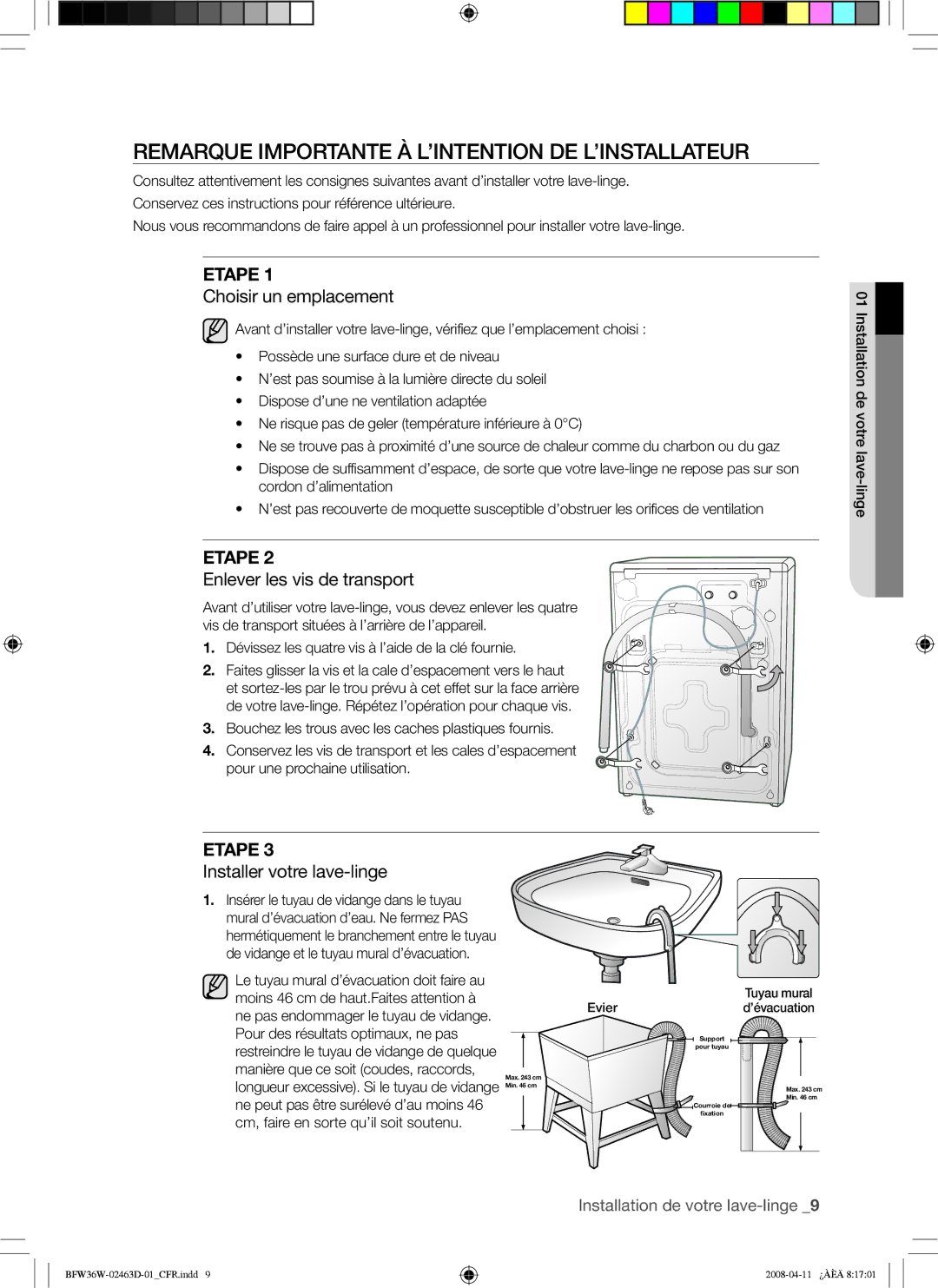 Samsung BFW36W user manual Remarque Importante À L’INTENTION DE L’INSTALLATEUR, Etape 