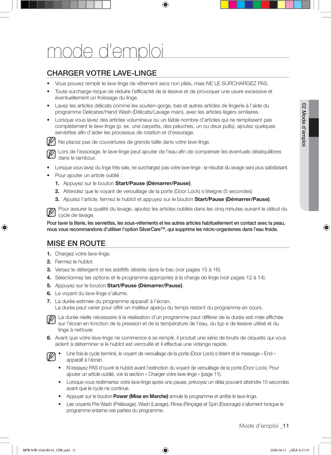 Samsung BFW36W Mode d’emploi, Charger Votre LAVE-LINGE, Mise EN Route, Appuyez sur le bouton Start/Pause Démarrer/Pause 