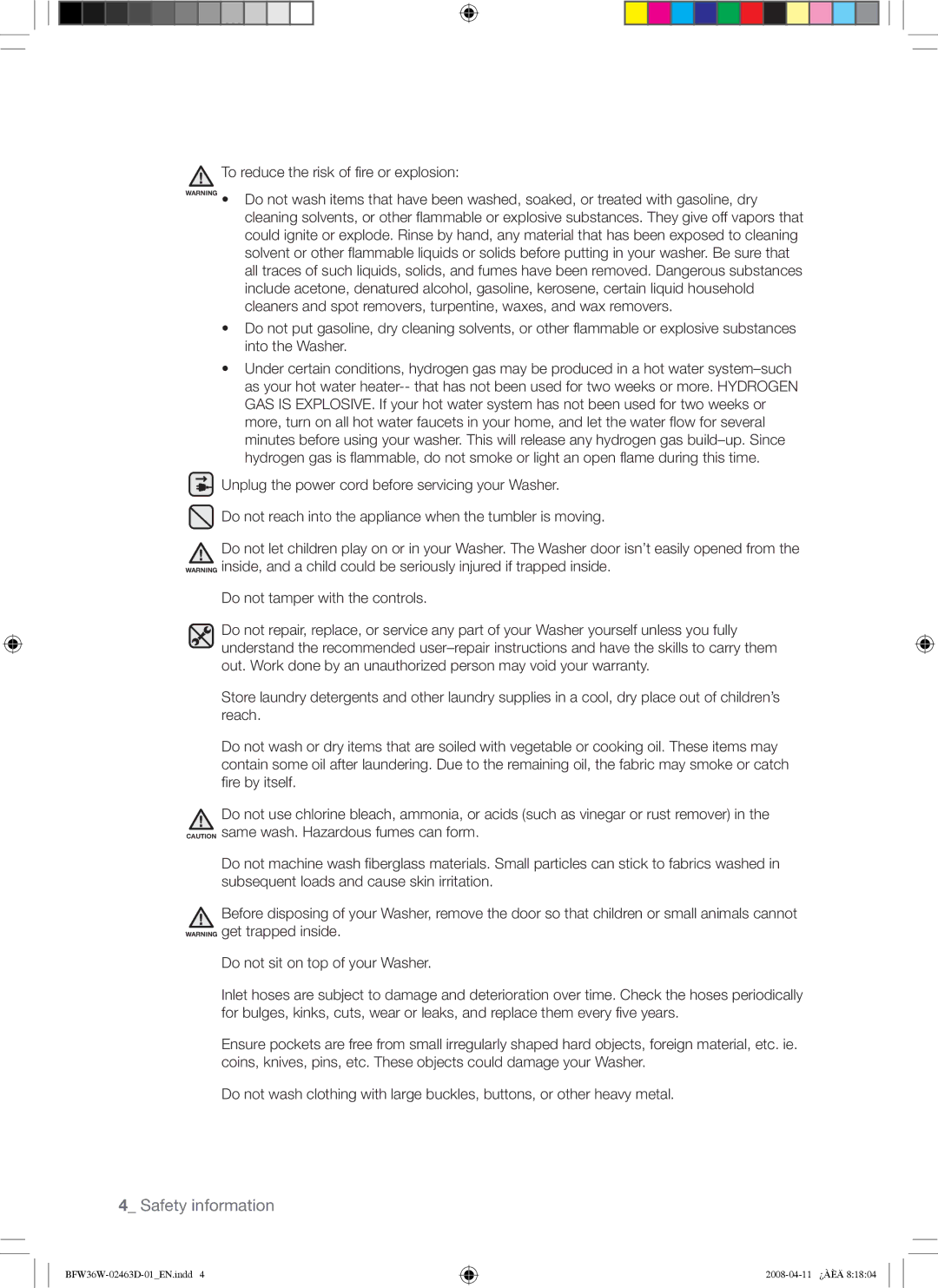 Samsung BFW36W user manual Safety information 