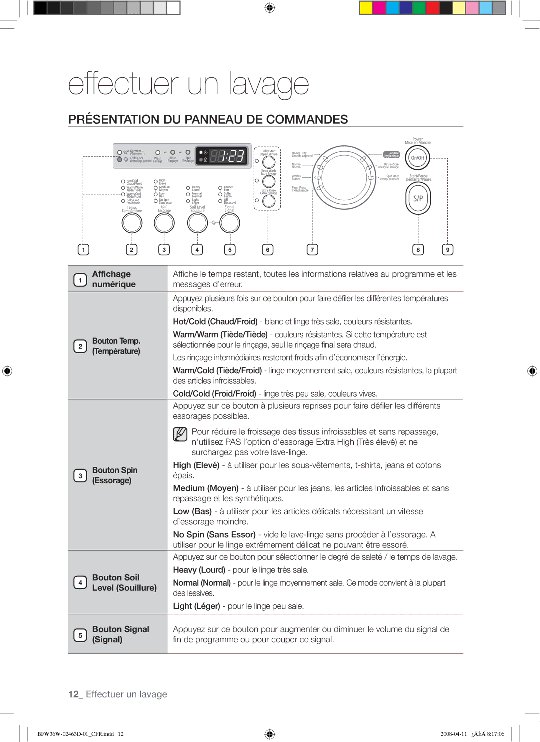 Samsung BFW36W user manual Effectuer un lavage, Présentation DU Panneau DE Commandes 