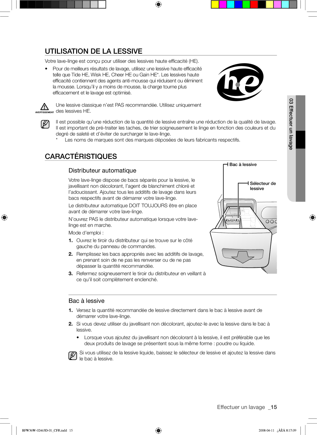 Samsung BFW36W user manual Utilisation DE LA Lessive, Caractéristiques 