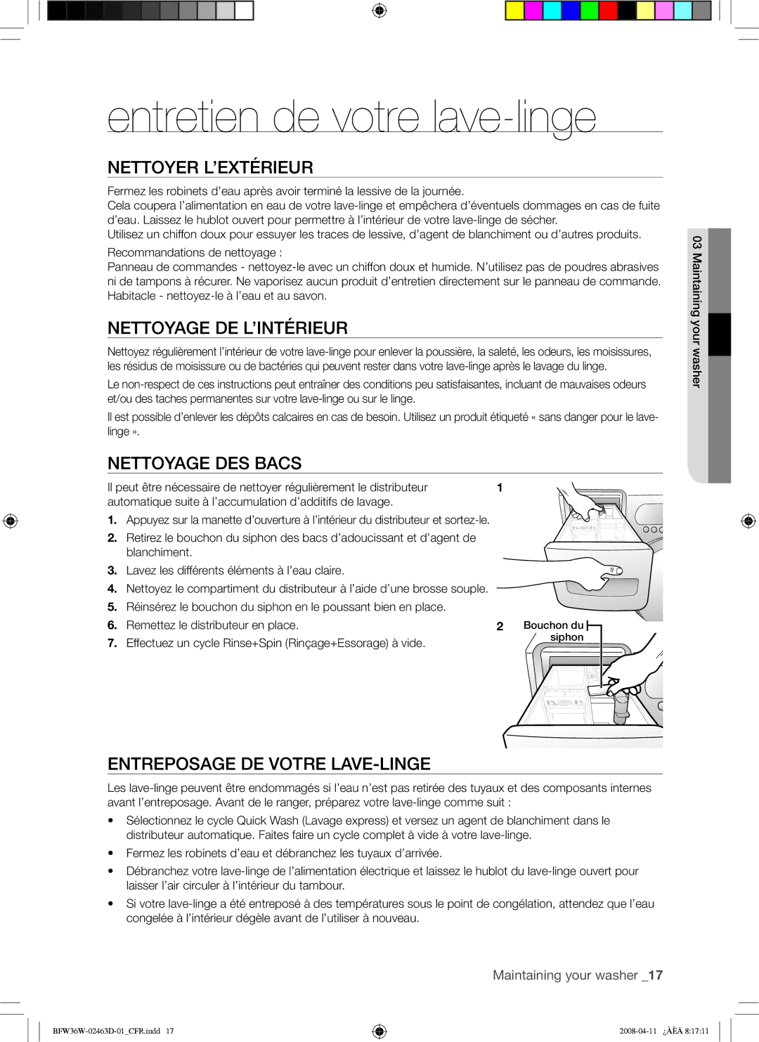 Samsung BFW36W Entretien de votre lave-linge, Nettoyer L’EXTÉRIEUR, Nettoyage DE L’INTÉRIEUR, Nettoyage DES Bacs 