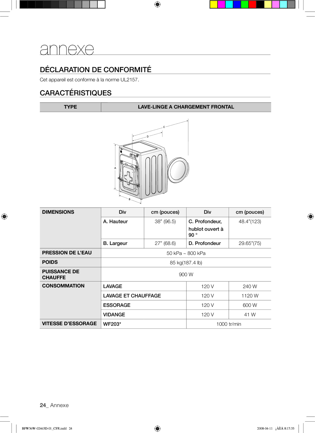 Samsung BFW36W Déclaration DE Conformité, Cet appareil est conforme à la norme UL2157, Div Cm pouces Hauteur Profondeur 