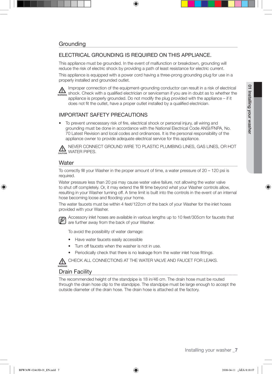 Samsung BFW36W user manual Grounding, Water, Drain Facility, Installing your washer 