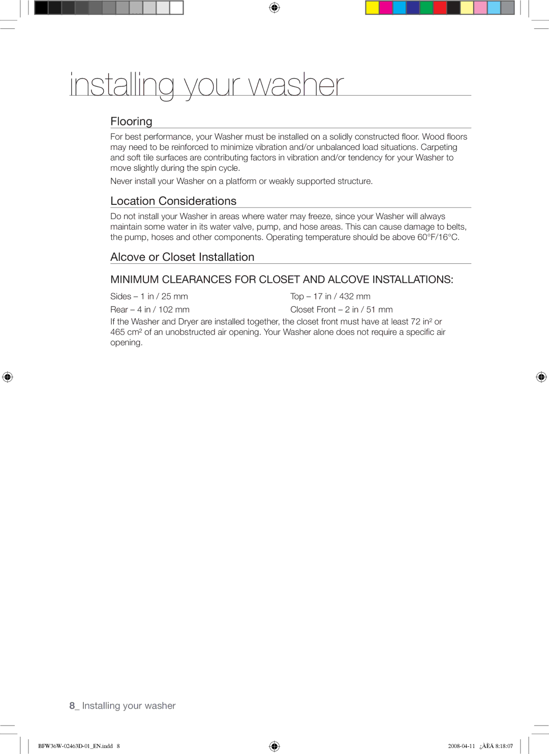 Samsung BFW36W user manual Flooring, Location Considerations, Alcove or Closet Installation 