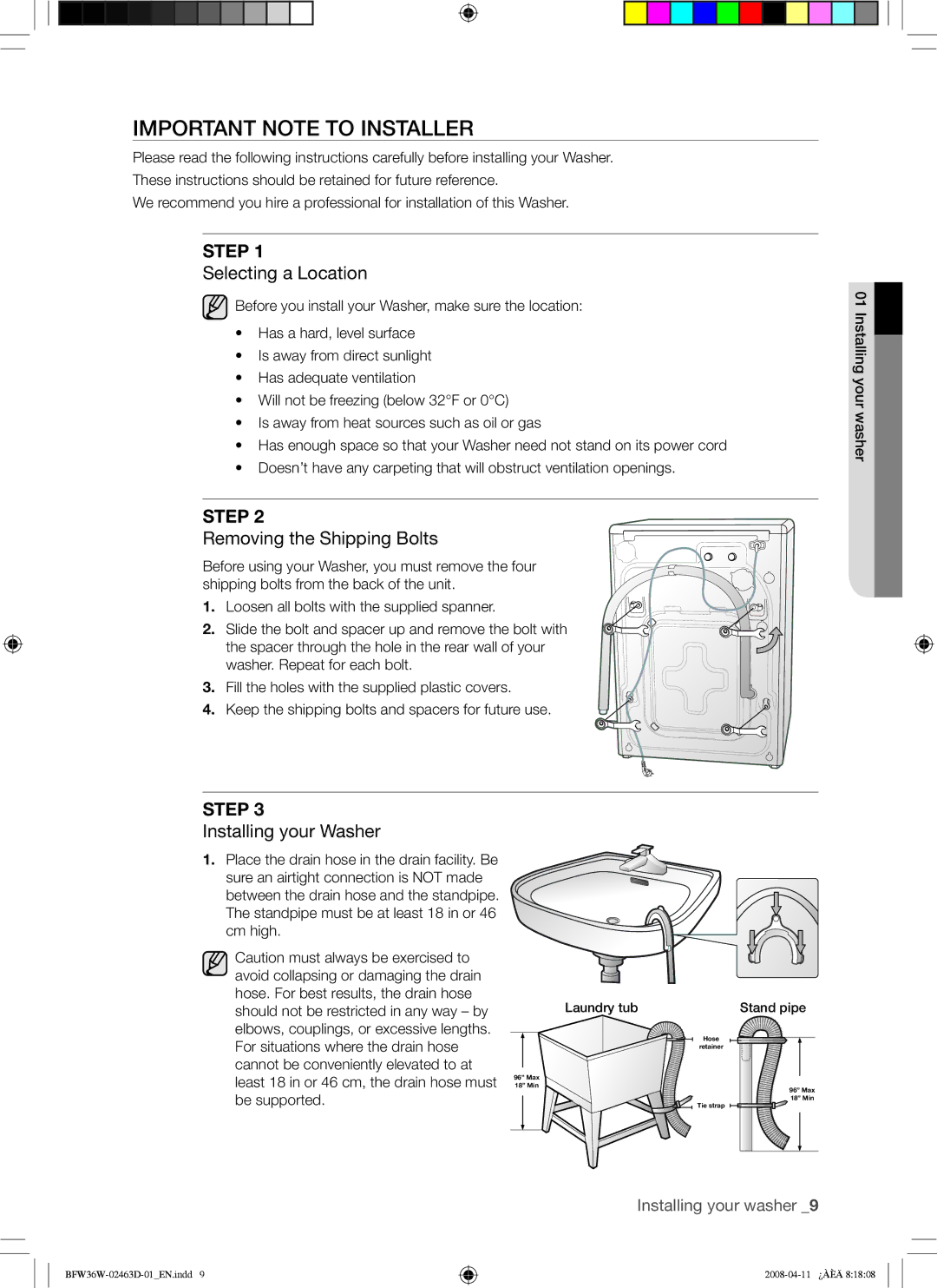 Samsung BFW36W user manual Important Note to Installer, Step 