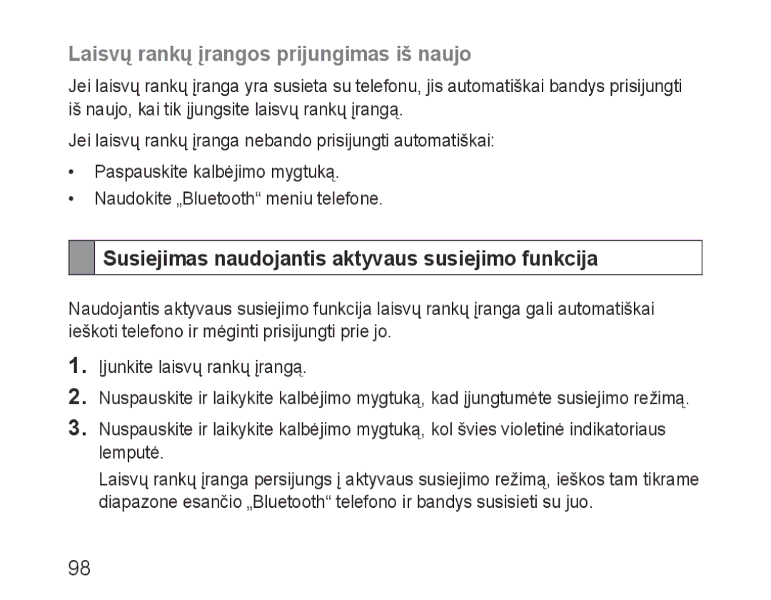 Samsung BHF1000VBECSEB manual Laisvų rankų įrangos prijungimas iš naujo, Susiejimas naudojantis aktyvaus susiejimo funkcija 