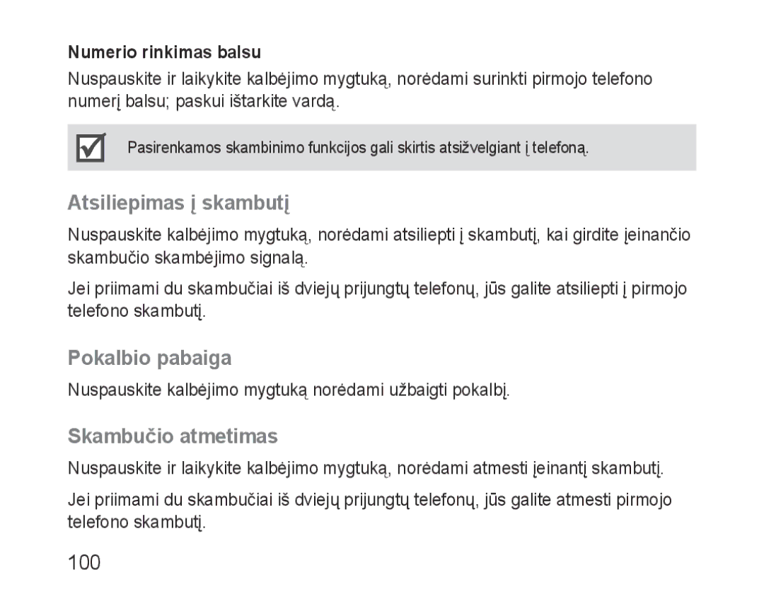 Samsung BHF1000VBECSEB manual Atsiliepimas į skambutį, Pokalbio pabaiga, Skambučio atmetimas, Numerio rinkimas balsu 