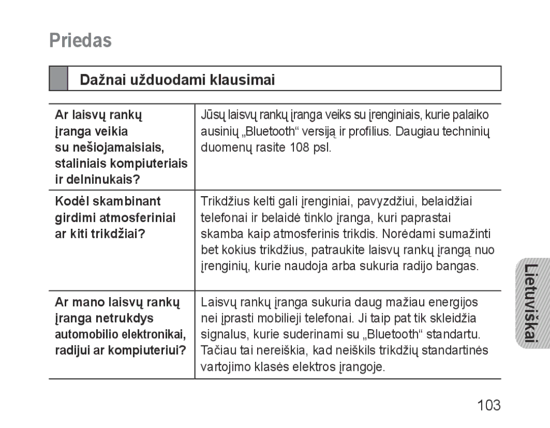 Samsung BHF1000VBECSER, BHF1000VBECSEB manual Priedas, Dažnai užduodami klausimai, 103 