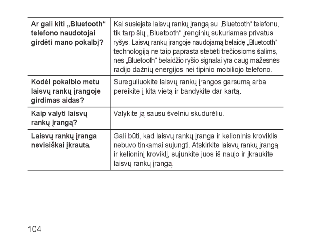 Samsung BHF1000VBECSEB manual 104, Ar gali kiti „Bluetooth, Radijo dažnių energijos nei tipinio mobiliojo telefono 