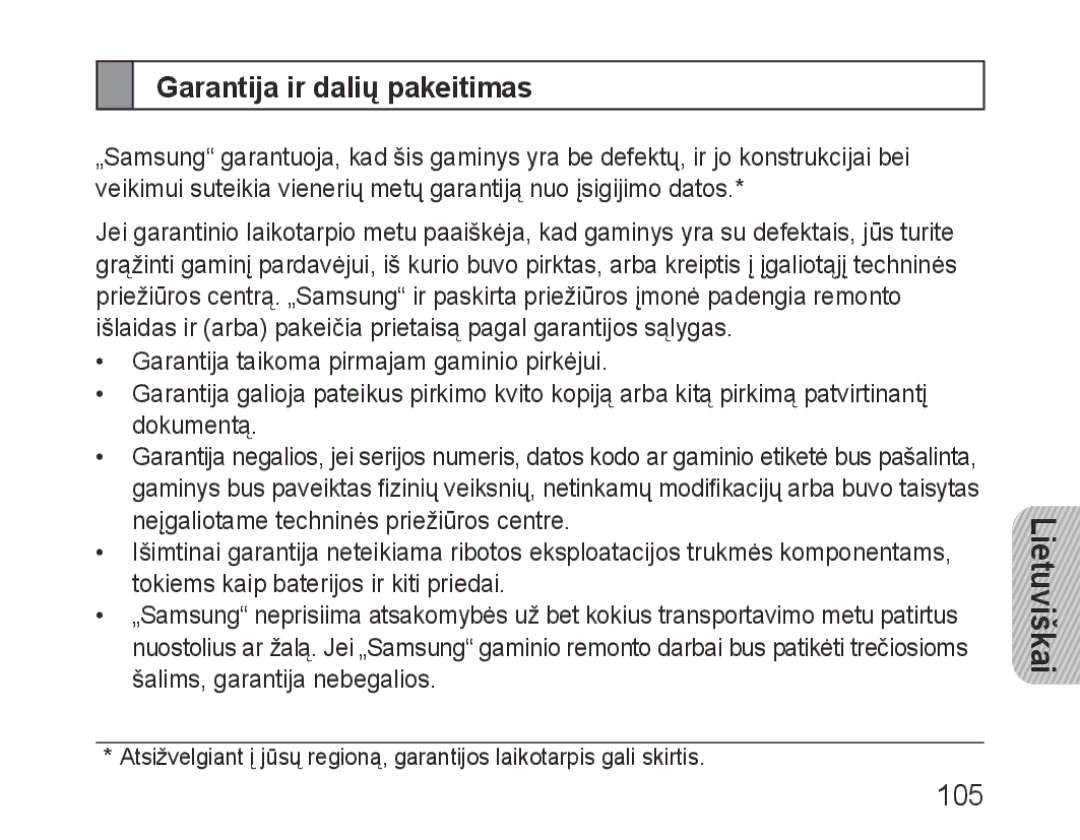 Samsung BHF1000VBECSER, BHF1000VBECSEB manual Garantija ir dalių pakeitimas, 105 