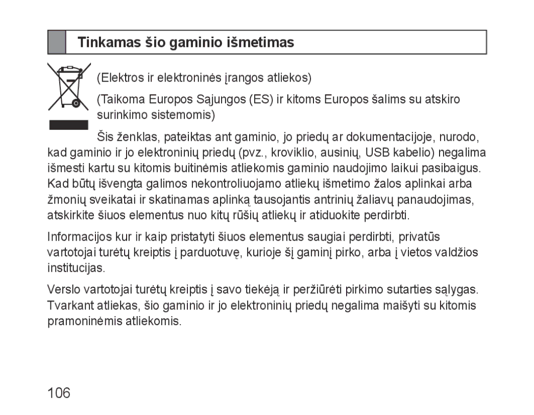 Samsung BHF1000VBECSEB, BHF1000VBECSER manual Tinkamas šio gaminio išmetimas, 106 