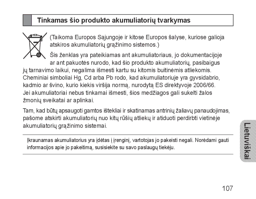 Samsung BHF1000VBECSER, BHF1000VBECSEB manual Tinkamas šio produkto akumuliatorių tvarkymas, 107 