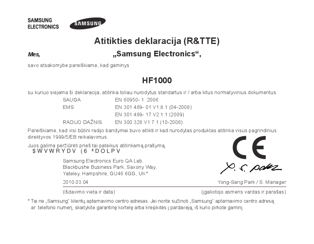 Samsung BHF1000VBECSER, BHF1000VBECSEB manual Atitikties deklaracija R&TTE 