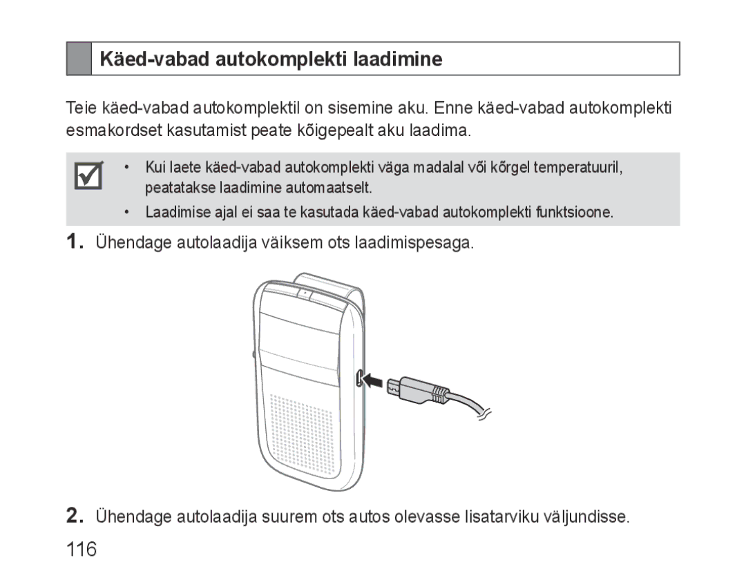 Samsung BHF1000VBECSEB, BHF1000VBECSER manual Käed-vabad autokomplekti laadimine, 116 