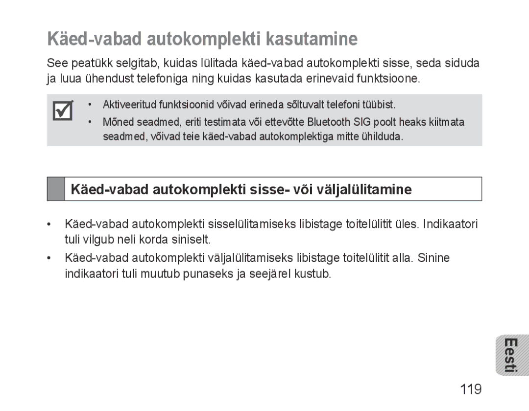 Samsung BHF1000VBECSER manual Käed-vabad autokomplekti kasutamine, Käed-vabad autokomplekti sisse- või väljalülitamine, 119 