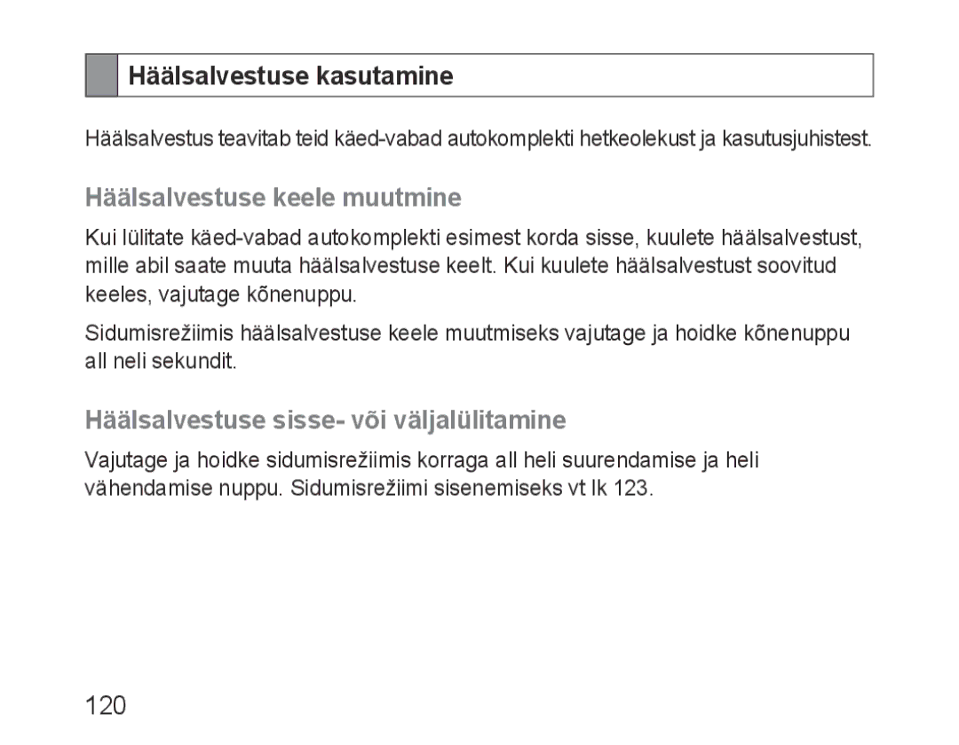 Samsung BHF1000VBECSEB Häälsalvestuse kasutamine, Häälsalvestuse keele muutmine, Häälsalvestuse sisse- või väljalülitamine 