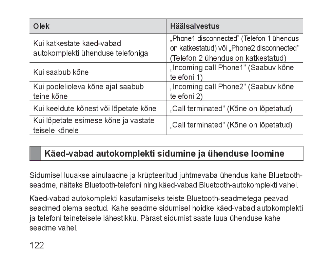 Samsung BHF1000VBECSEB, BHF1000VBECSER manual Käed-vabad autokomplekti sidumine ja ühenduse loomine, 122 