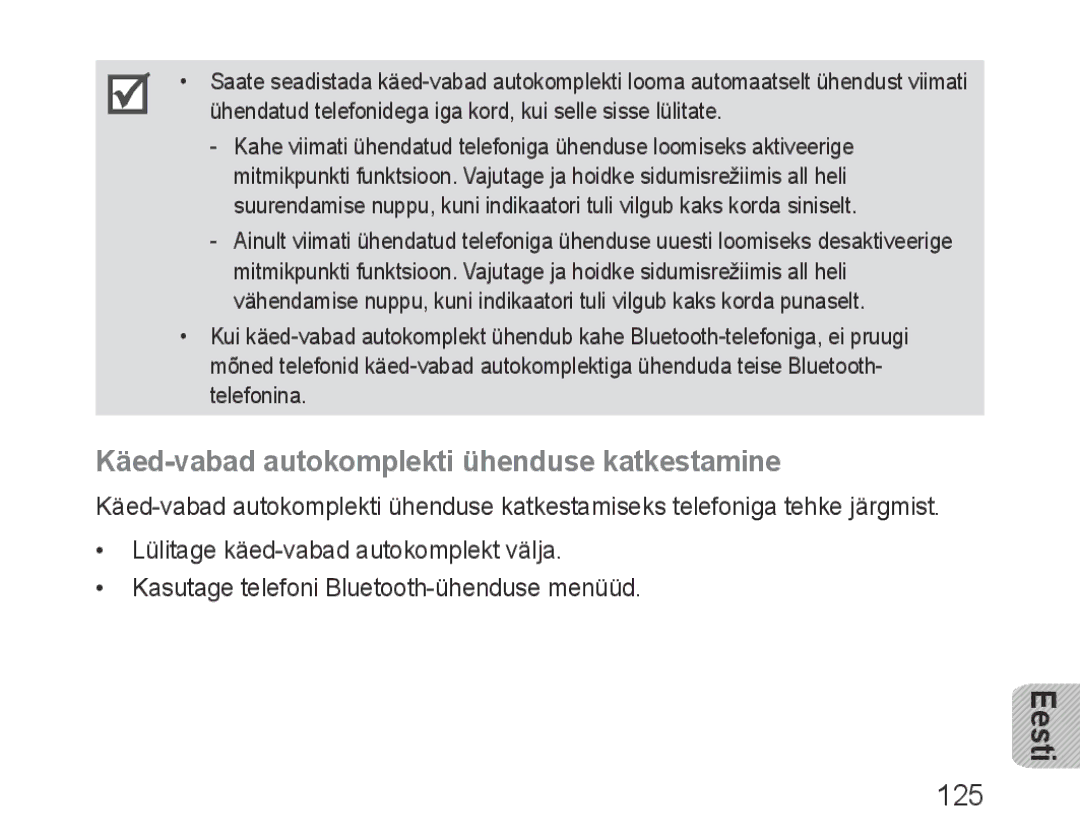 Samsung BHF1000VBECSER, BHF1000VBECSEB manual Käed-vabad autokomplekti ühenduse katkestamine, 125 