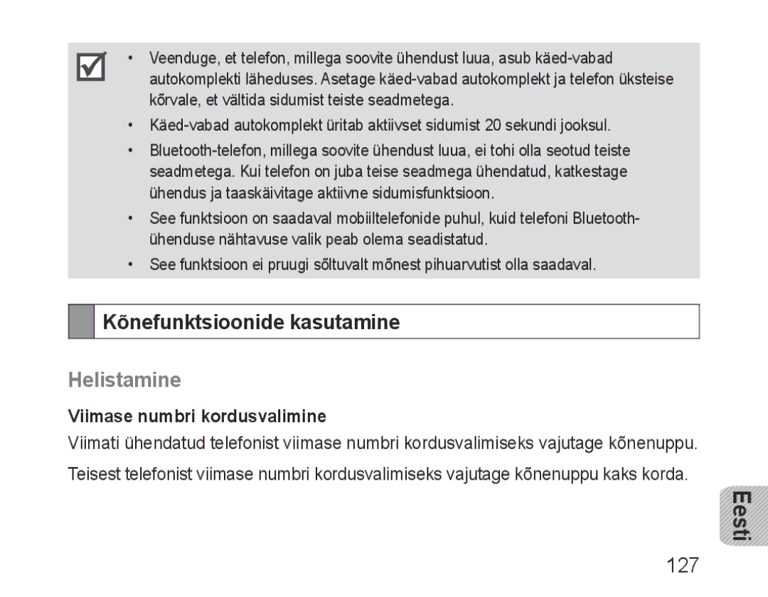 Samsung BHF1000VBECSER, BHF1000VBECSEB manual Kõnefunktsioonide kasutamine, Helistamine, 127, Viimase numbri kordusvalimine 