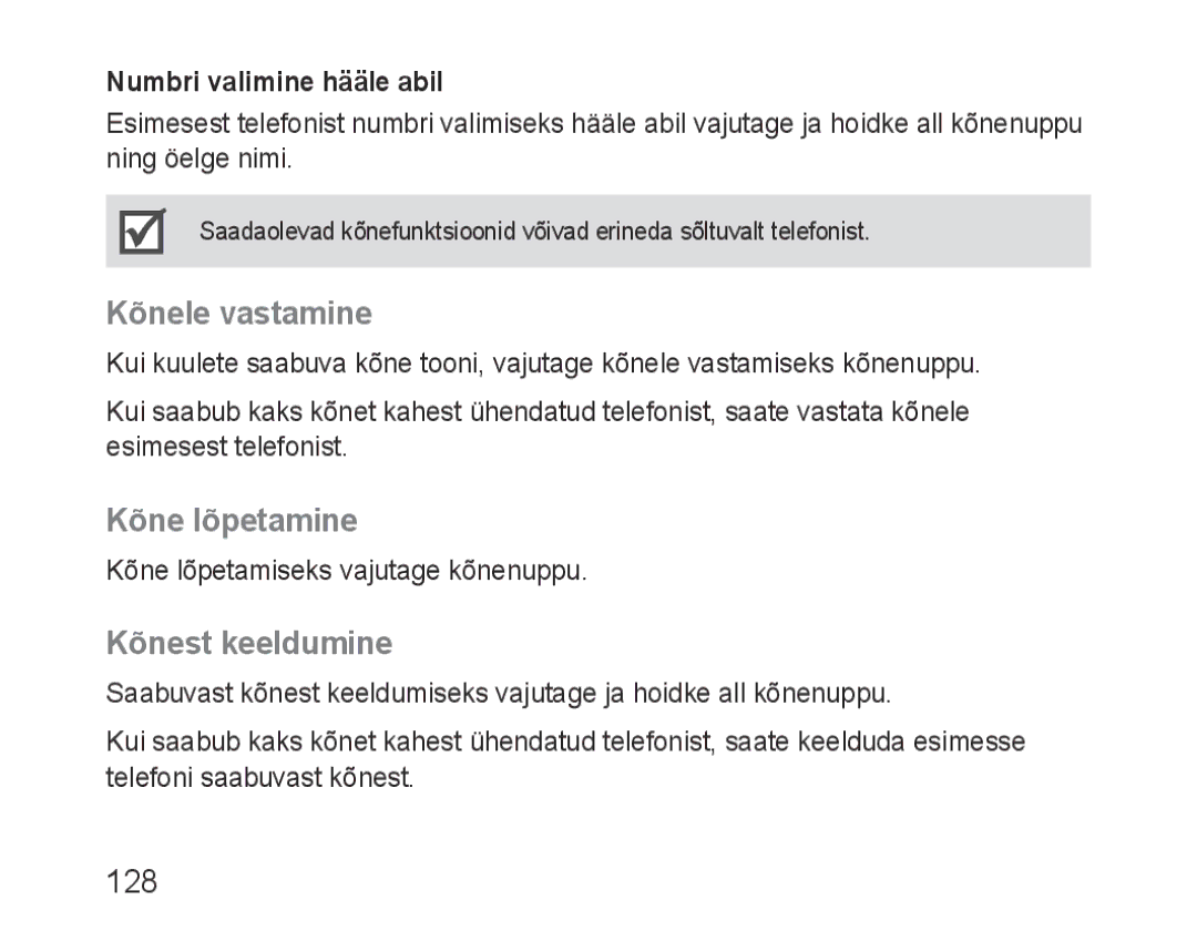 Samsung BHF1000VBECSEB manual Kõnele vastamine, Kõne lõpetamine, Kõnest keeldumine, 128, Numbri valimine hääle abil 