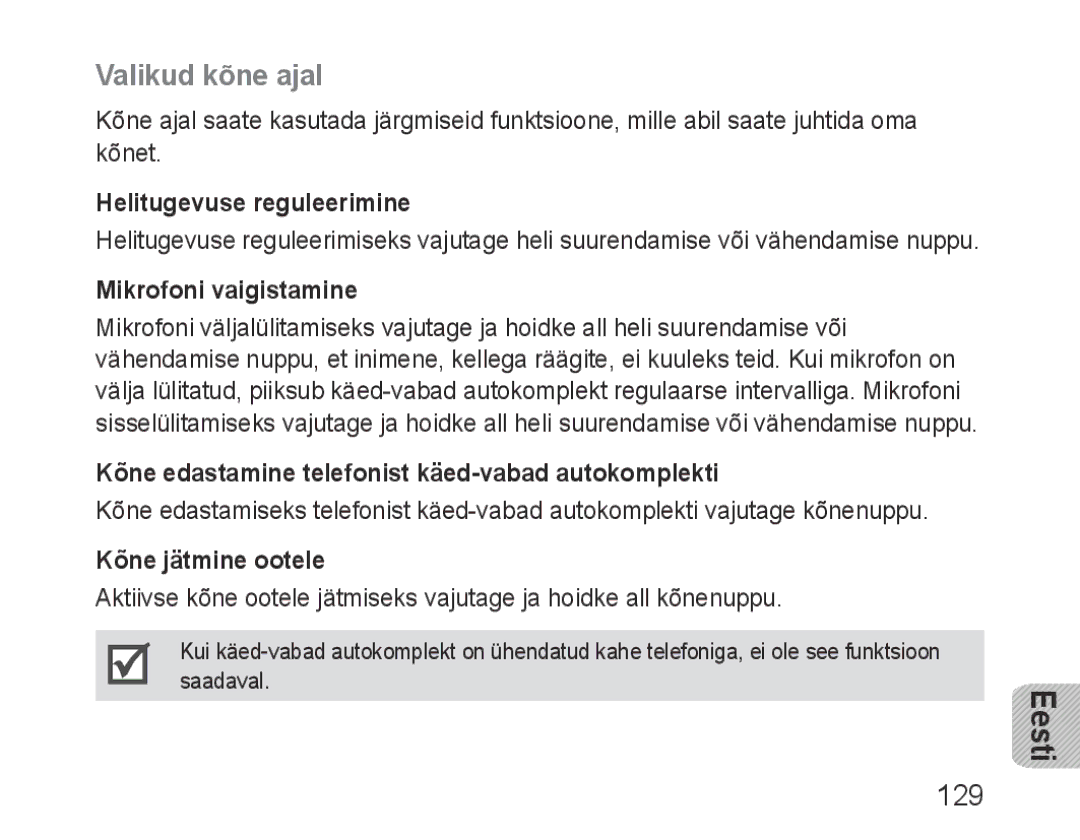 Samsung BHF1000VBECSER, BHF1000VBECSEB manual Valikud kõne ajal, 129 