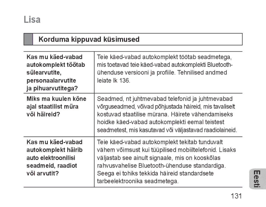 Samsung BHF1000VBECSER, BHF1000VBECSEB manual Lisa, Korduma kippuvad küsimused, 131 