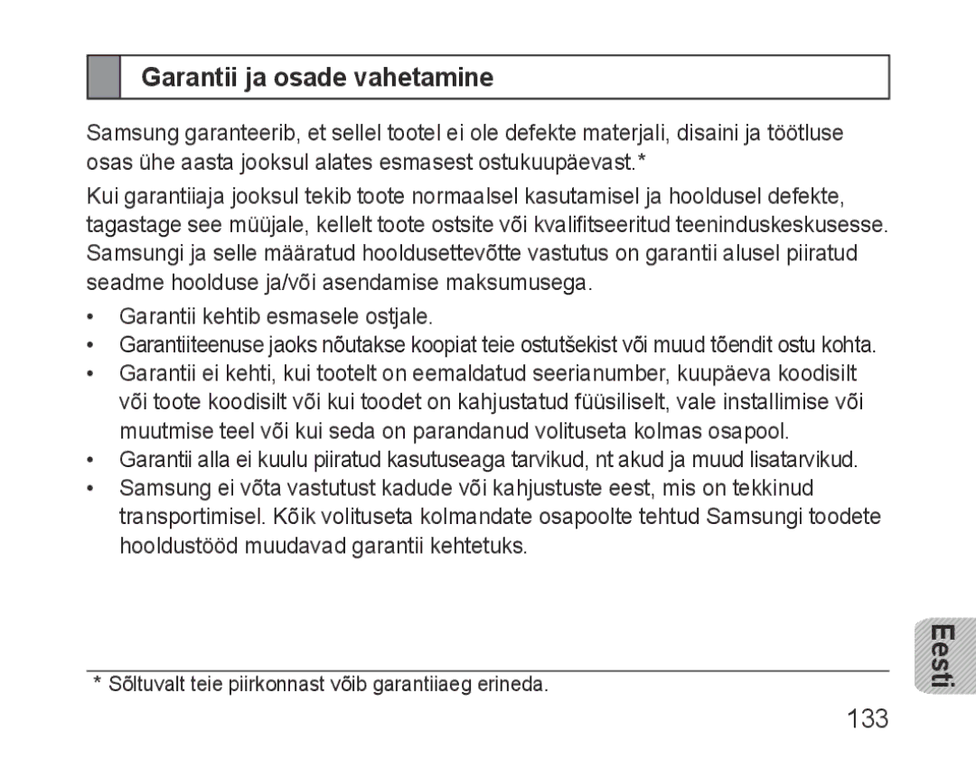 Samsung BHF1000VBECSER, BHF1000VBECSEB manual Garantii ja osade vahetamine, 133 