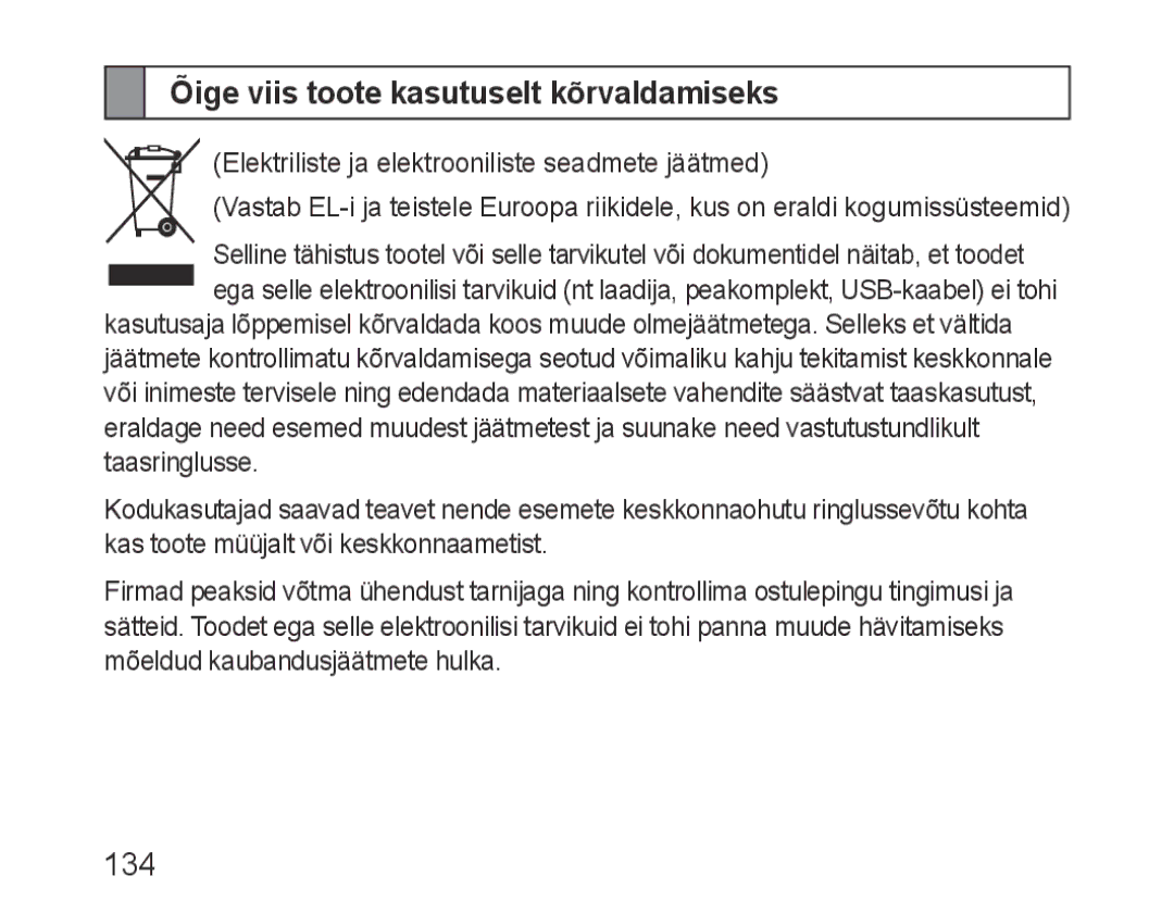 Samsung BHF1000VBECSEB, BHF1000VBECSER manual Õige viis toote kasutuselt kõrvaldamiseks, 134 