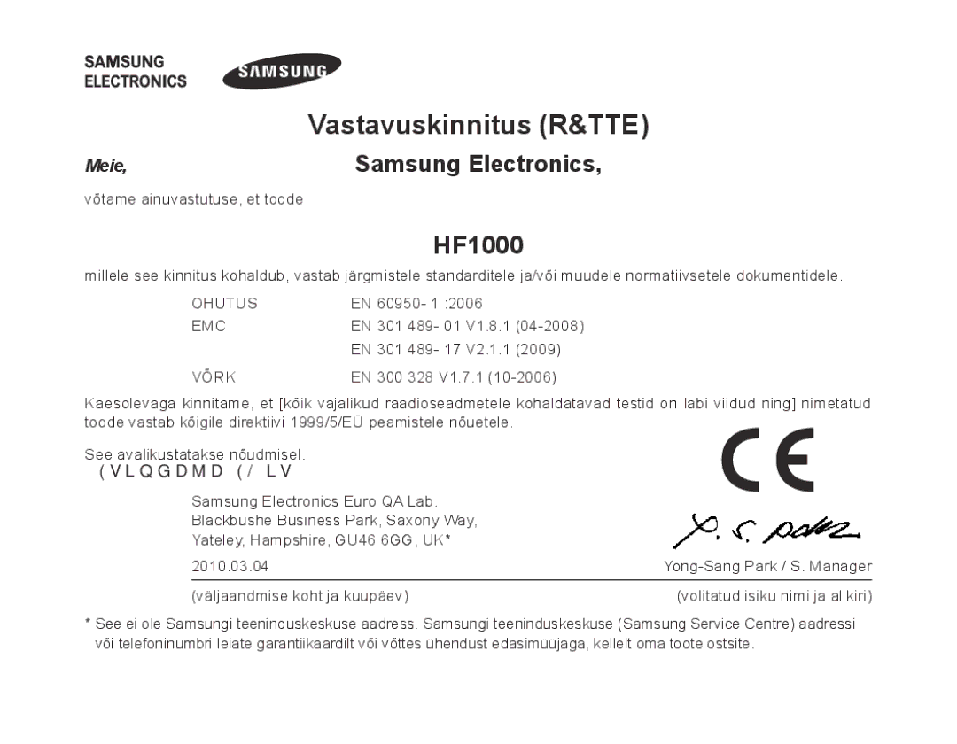 Samsung BHF1000VBECSER, BHF1000VBECSEB manual Vastavuskinnitus R&TTE, Samsung Electronics 