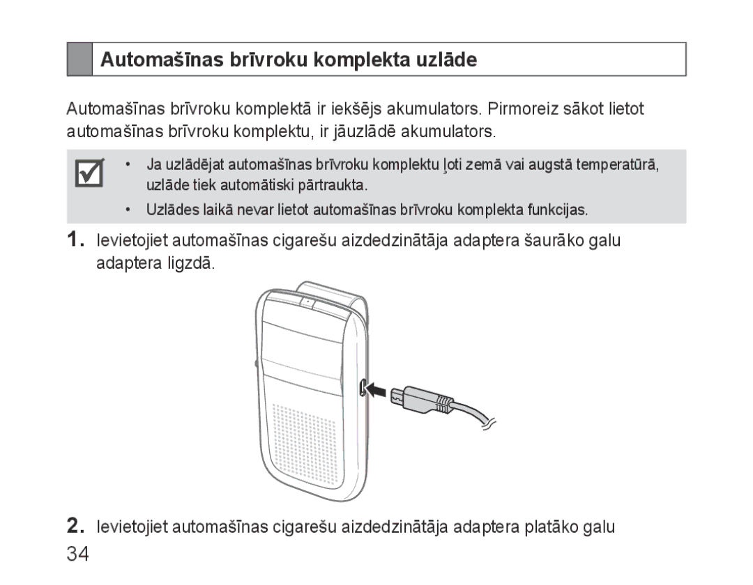 Samsung BHF1000VBECSEB, BHF1000VBECSER manual Automašīnas brīvroku komplekta uzlāde 