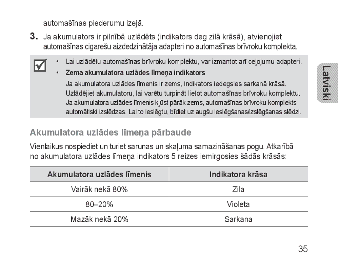 Samsung BHF1000VBECSER, BHF1000VBECSEB Akumulatora uzlādes līmeņa pārbaude, Akumulatora uzlādes līmenis Indikatora krāsa 