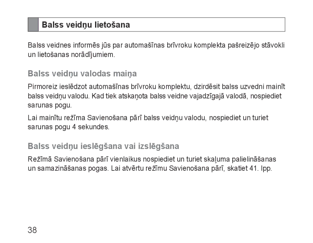 Samsung BHF1000VBECSEB manual Balss veidņu lietošana, Balss veidņu valodas maiņa, Balss veidņu ieslēgšana vai izslēgšana 