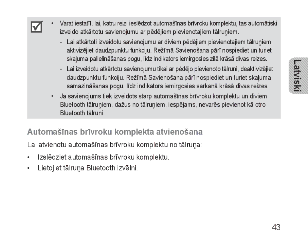 Samsung BHF1000VBECSER, BHF1000VBECSEB manual Automašīnas brīvroku komplekta atvienošana 