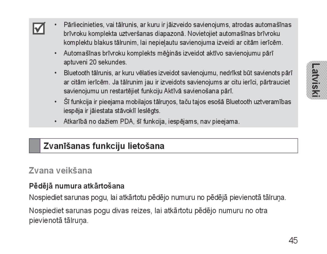 Samsung BHF1000VBECSER, BHF1000VBECSEB manual Zvanīšanas funkciju lietošana, Zvana veikšana, Pēdējā numura atkārtošana 