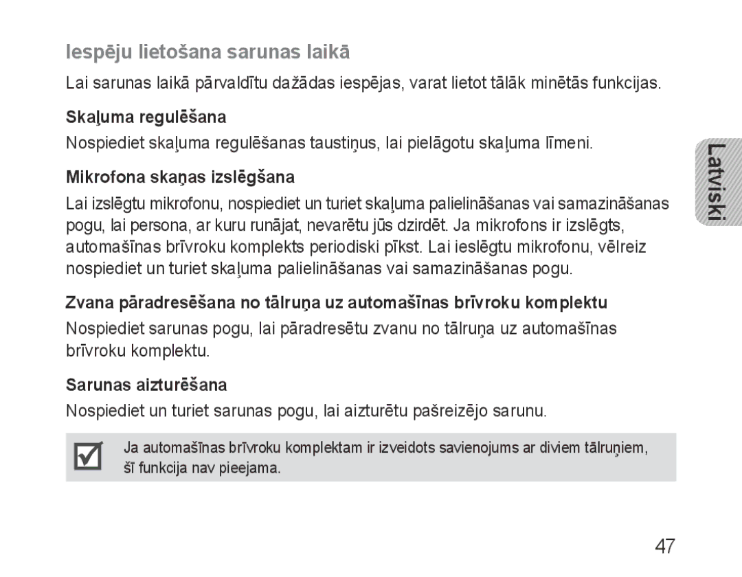 Samsung BHF1000VBECSER, BHF1000VBECSEB Iespēju lietošana sarunas laikā, Skaļuma regulēšana, Mikrofona skaņas izslēgšana 