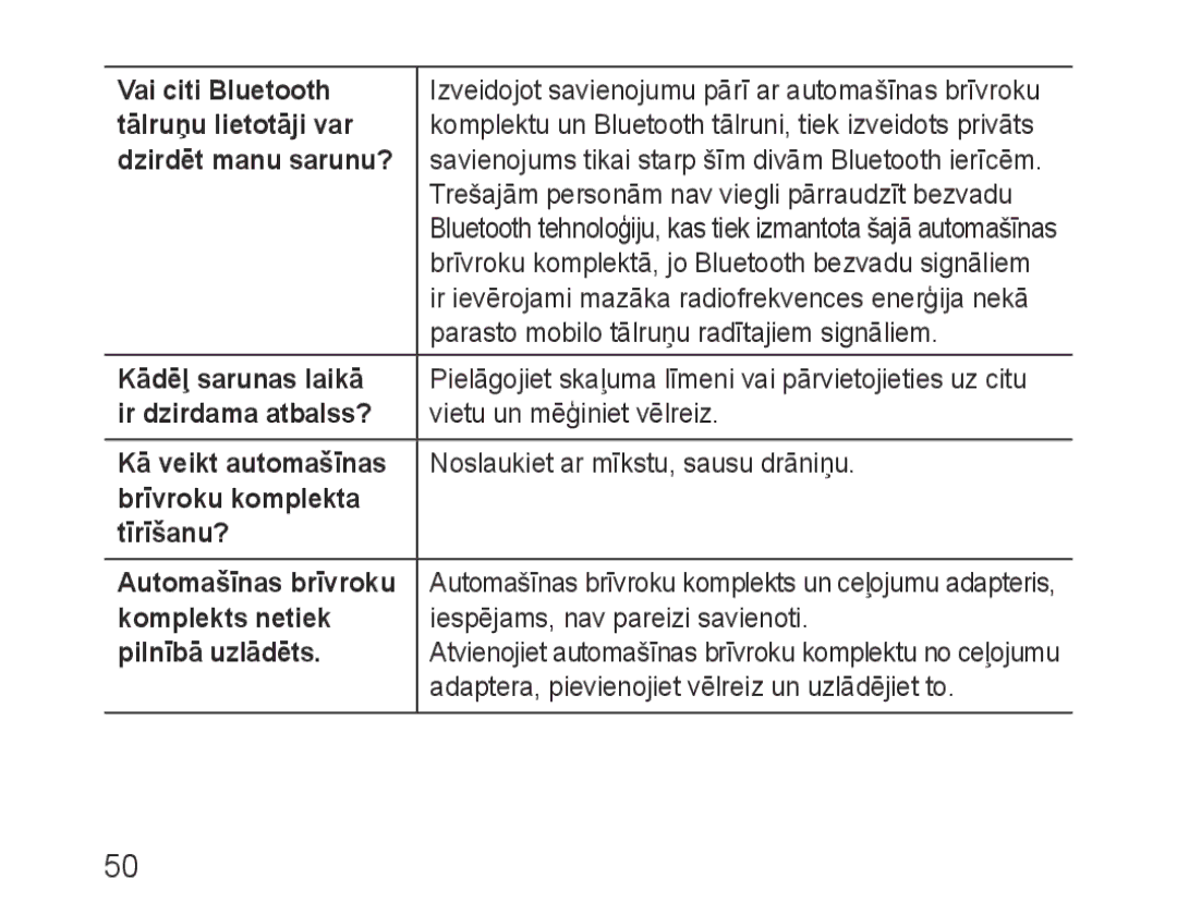 Samsung BHF1000VBECSEB manual Vai citi Bluetooth, Tālruņu lietotāji var, Dzirdēt manu sarunu?, Kādēļ sarunas laikā 