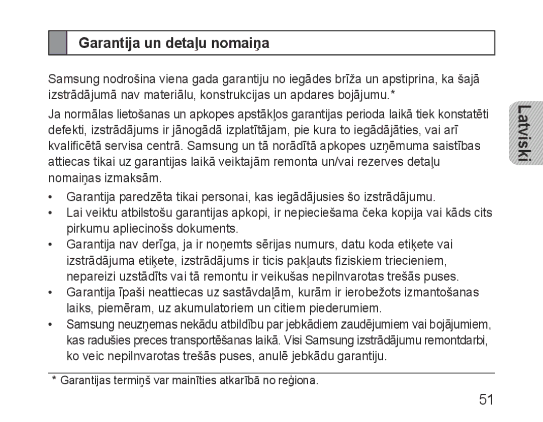 Samsung BHF1000VBECSER, BHF1000VBECSEB manual Garantija un detaļu nomaiņa 